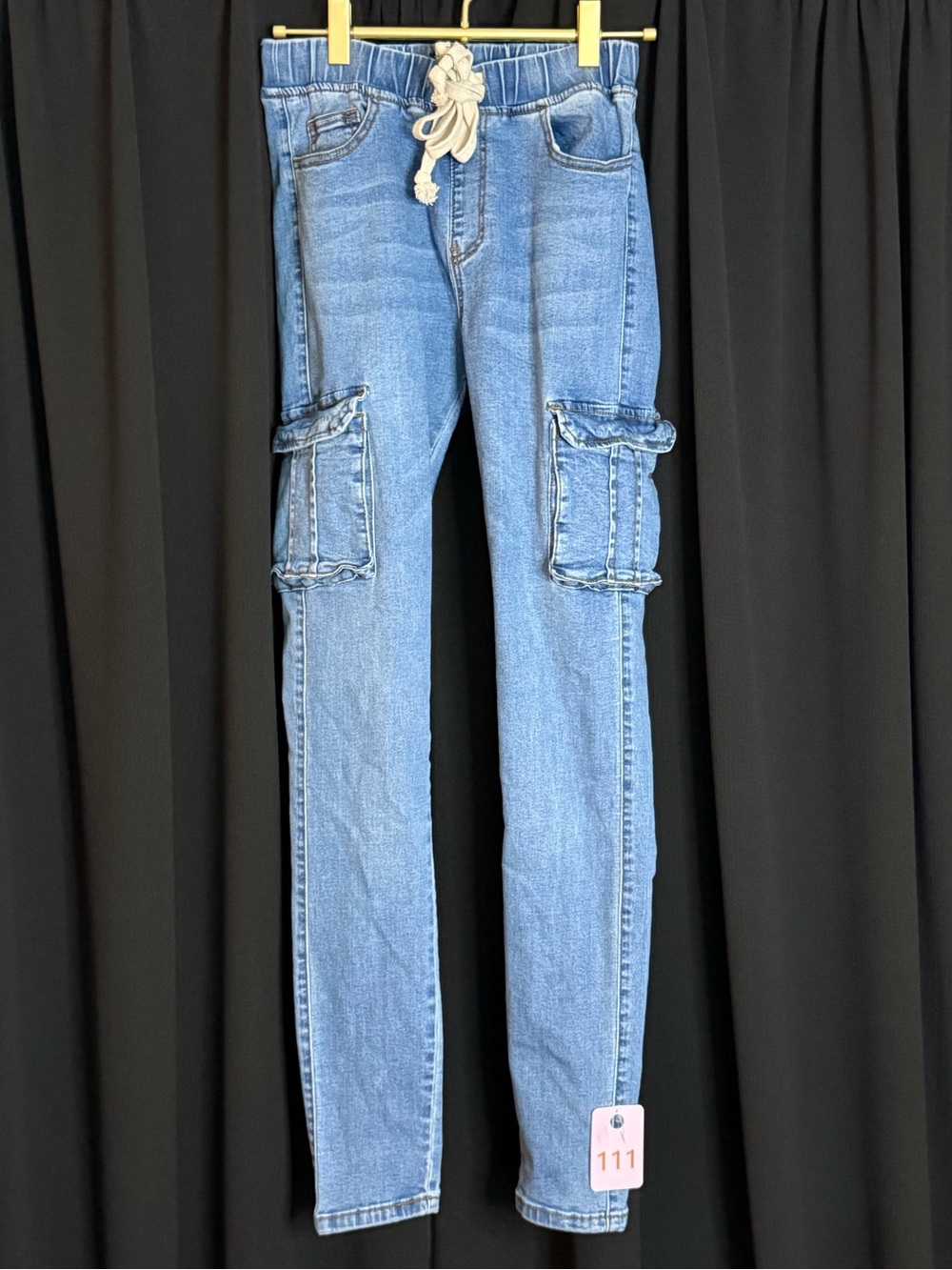 Men's Skinny Cargo Jeans with Drawstring Waist in Light Blue